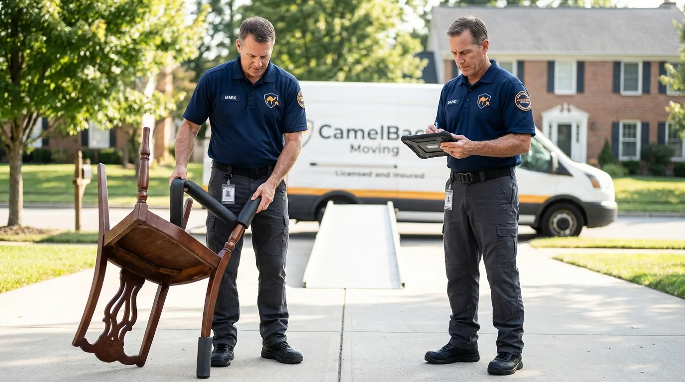 Movers inspecting furniture for damage prevention before loading in Prescott Valley, AZ