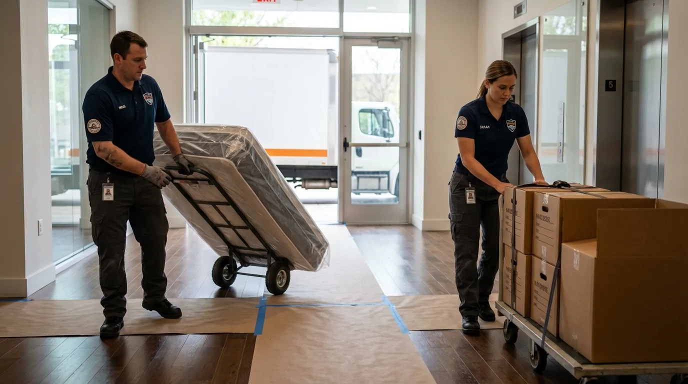 Professional apartment movers loading elevator in Prescott Valley, AZ