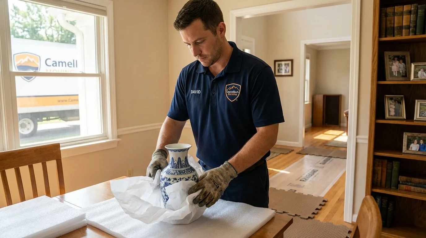 Professional crew carefully wrapping antique vase for senior downsizing move in Prescott Valley, AZ